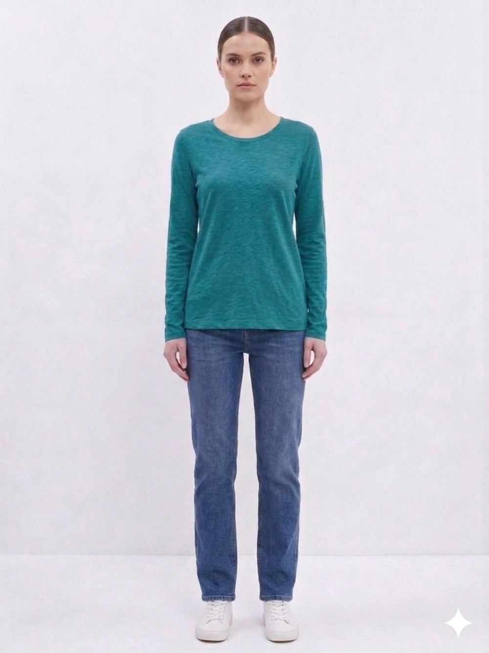 Classic Long-Sleeve Crewneck Top in Teal